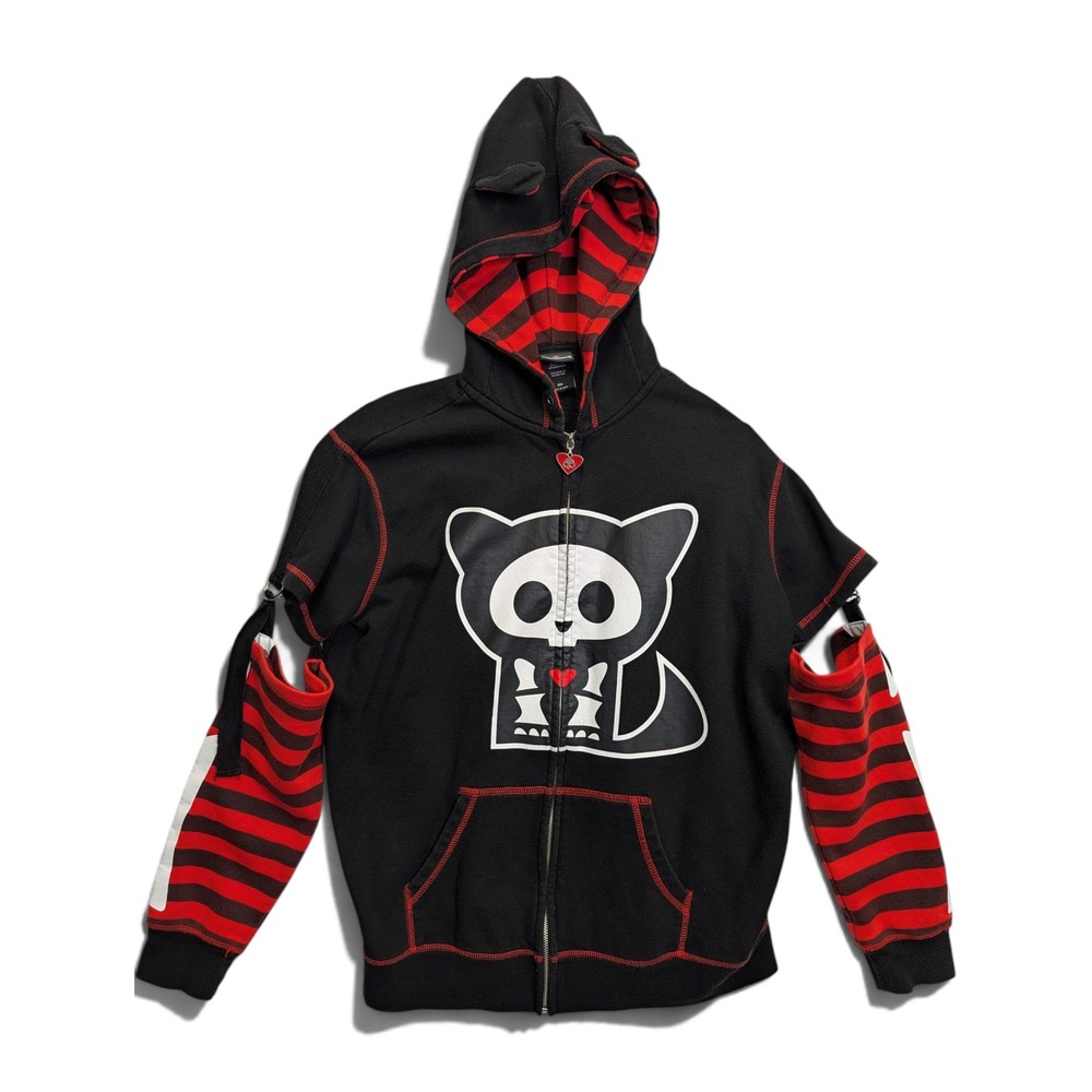 Skelanimals Womens Kit the Cat Zip Hoodie Small Detachable Sleeves Black Red